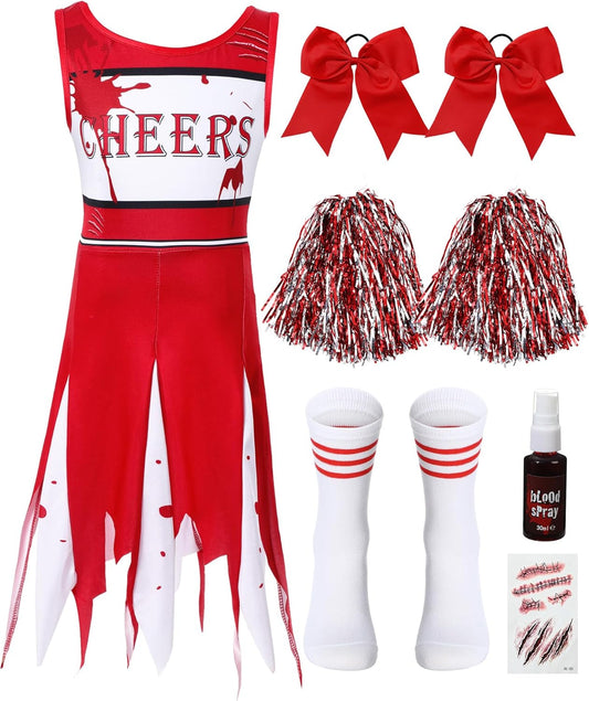 5Pcs Halloween Zombie Cheerleader Costume Set Include Dress Socks Bow Hair Rings Scar Sticker Fake Blood Spray