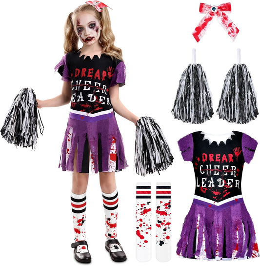 Zombie Cheerleader Costume for Girls Scary Cheerless Halloween Costumes Set,Kids Dead Cheerleading Outfit