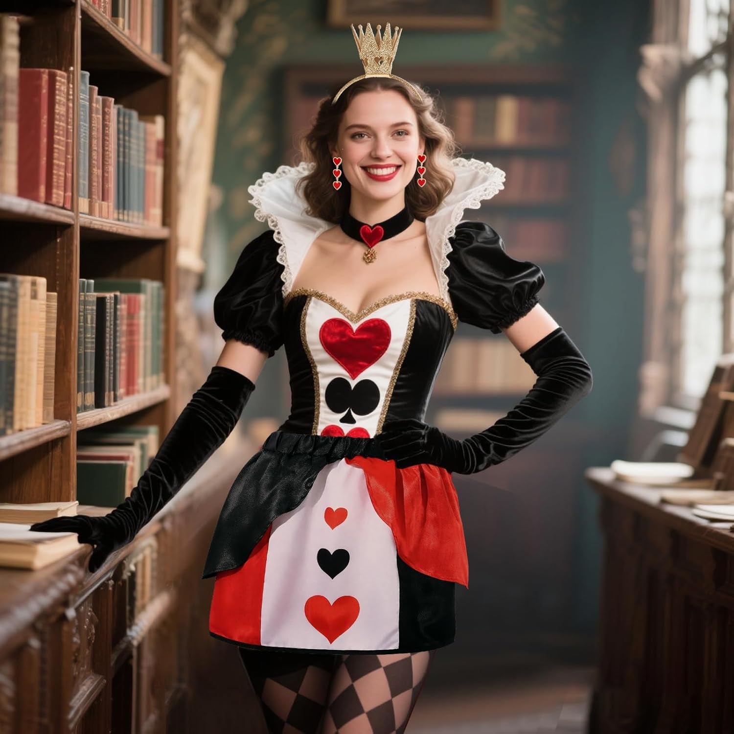 4PCS Halloween Queen Costume Red Black Heart Skirt Crown Headband Earings Gloves Anime Cosplay Party for Adult Women