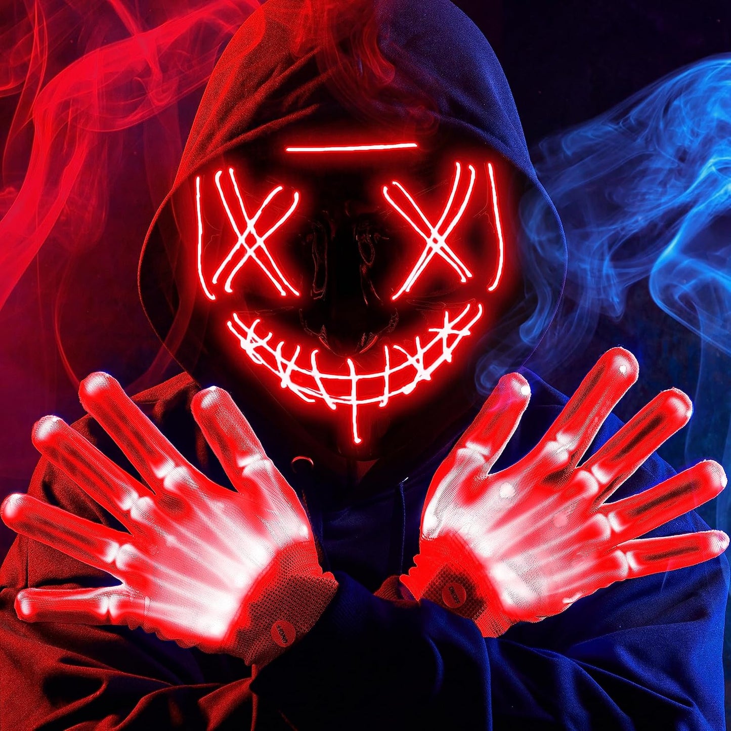 Halloween Led Mask, Light up Mask and Gloves for Cosplay Costume (Green & Purple), 3 Modes Scary Glow in the Dark Masks for Boys Girls Halloween Party Dress up Accessories, Gifts Giving