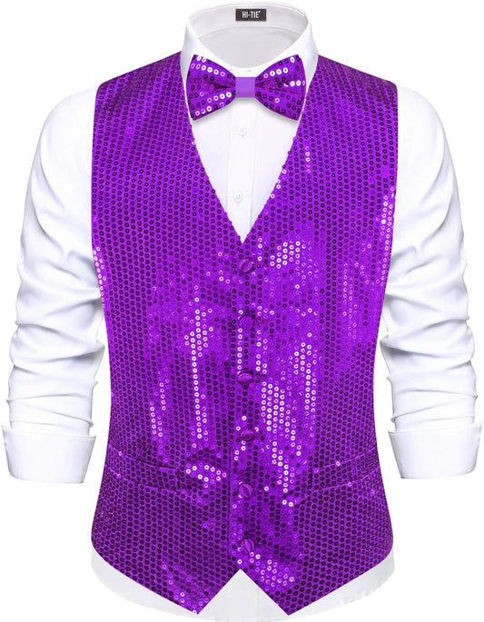 Men'S Sequin Vest Bowtie Prom Suit Vest for Men Tuxedo Dinner V Neck Slim Fit Waistcoats