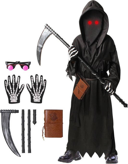 Grim Reaper Costume for Kids, Scary Halloween Costume for Boys with Glowing Red Eyes/Scythe/Notebook/Gloves