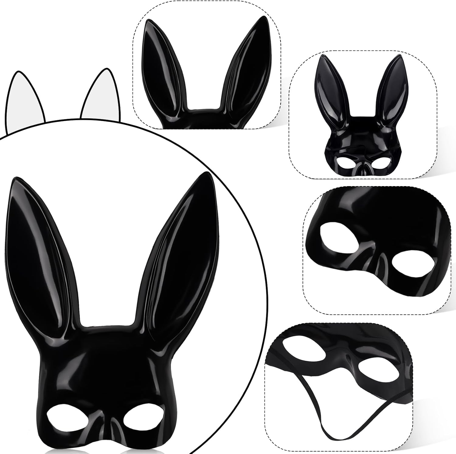 5 Pieces Women Halloween Costume Set Elastic Shiny Wet Look Long Gloves Black Wet Thigh High Stockings Rabbit Ears Masquerade Cover for Halloween Cosplay Party, Multicoloured, One Size
