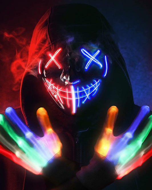 Halloween Glow Mask Skeleton Gloves Set, 3 Modes Light up Scary LED Mask with LED Glow Gloves, Halloween Costumes Glow Purge Masks