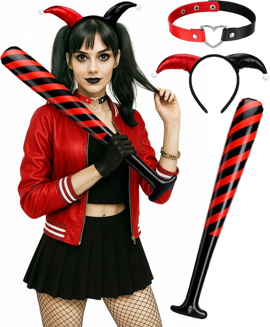 3 Pcs Halloween Joker Costume for Women Jester Inflatable Bat PU Choker Headband Cosplay Accessories for Parade Party Black, Red