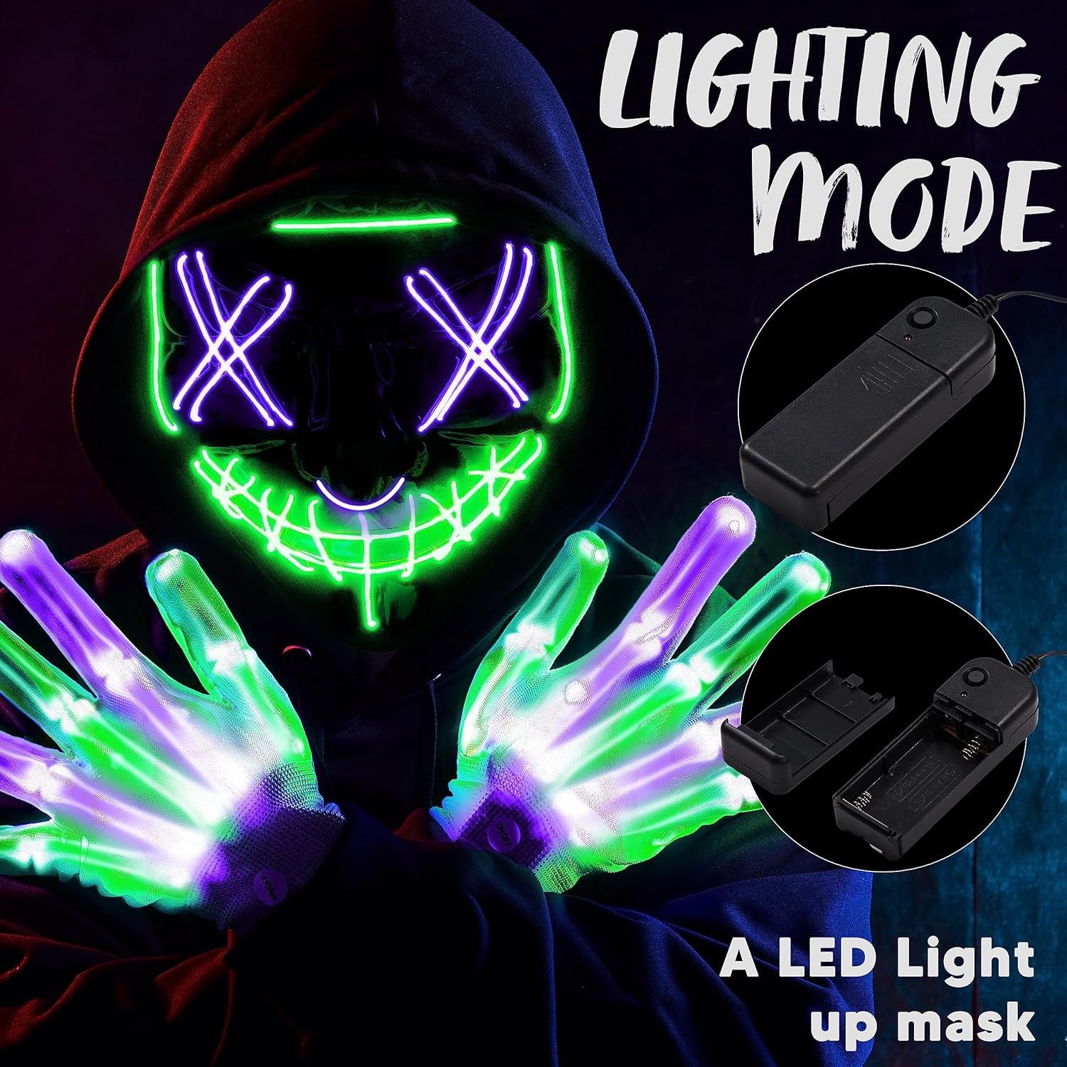 Halloween Led Mask, Light up Mask and Gloves for Cosplay Costume (Green & Purple), 3 Modes Scary Glow in the Dark Masks for Boys Girls Halloween Party Dress up Accessories, Gifts Giving