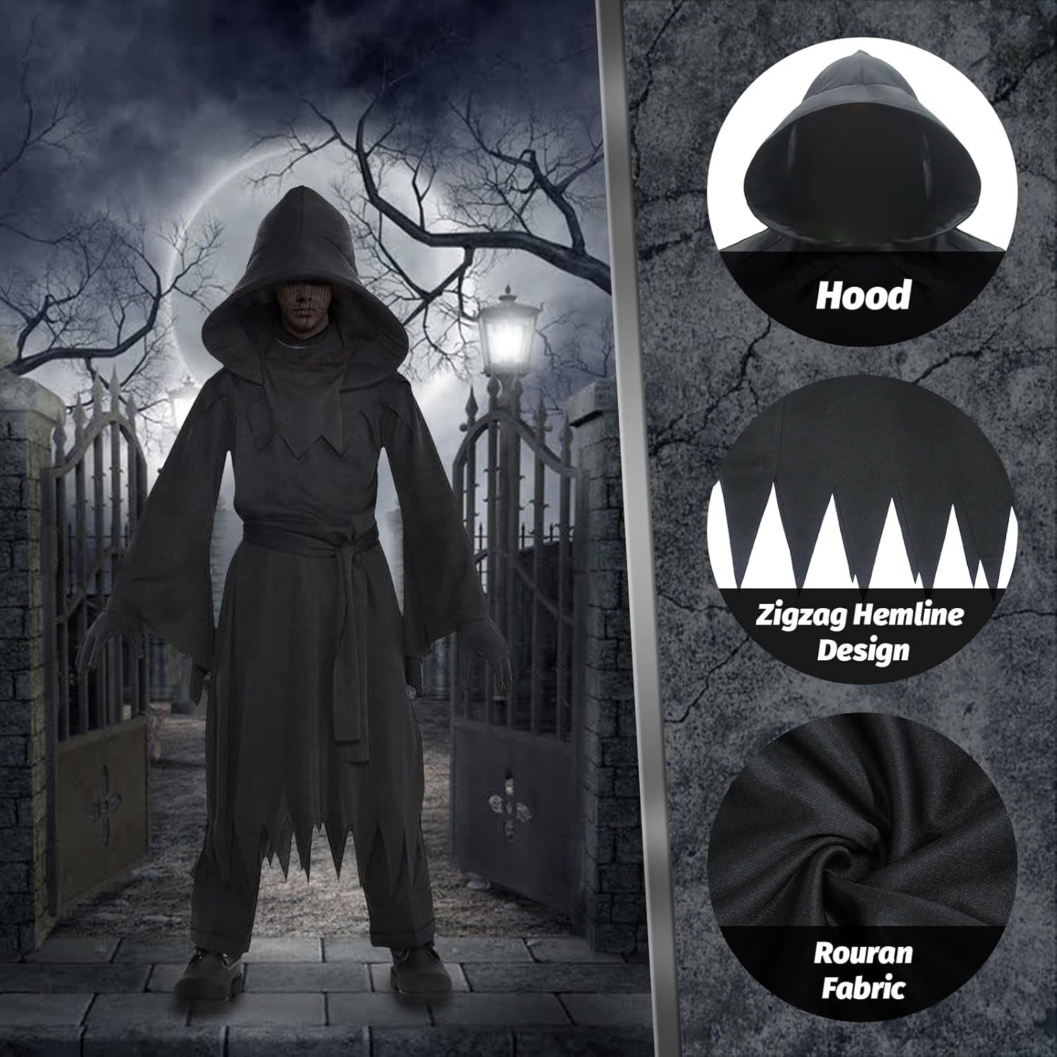 Grim Reaper Costume for Kids Boys - Black Robe with Hood, Ghost Phantom Halloween Scary Cool Reaper Cloak