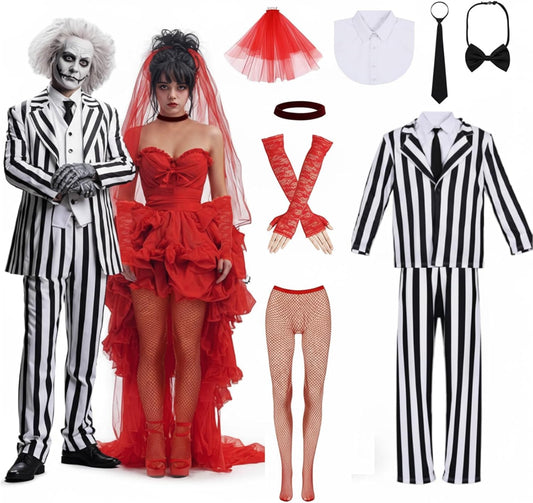 9 Pcs Halloween Adult Couple Costume Men'S Black and White Striped Suit Women'S Costume Cosplay Set Red Gothic Wedding