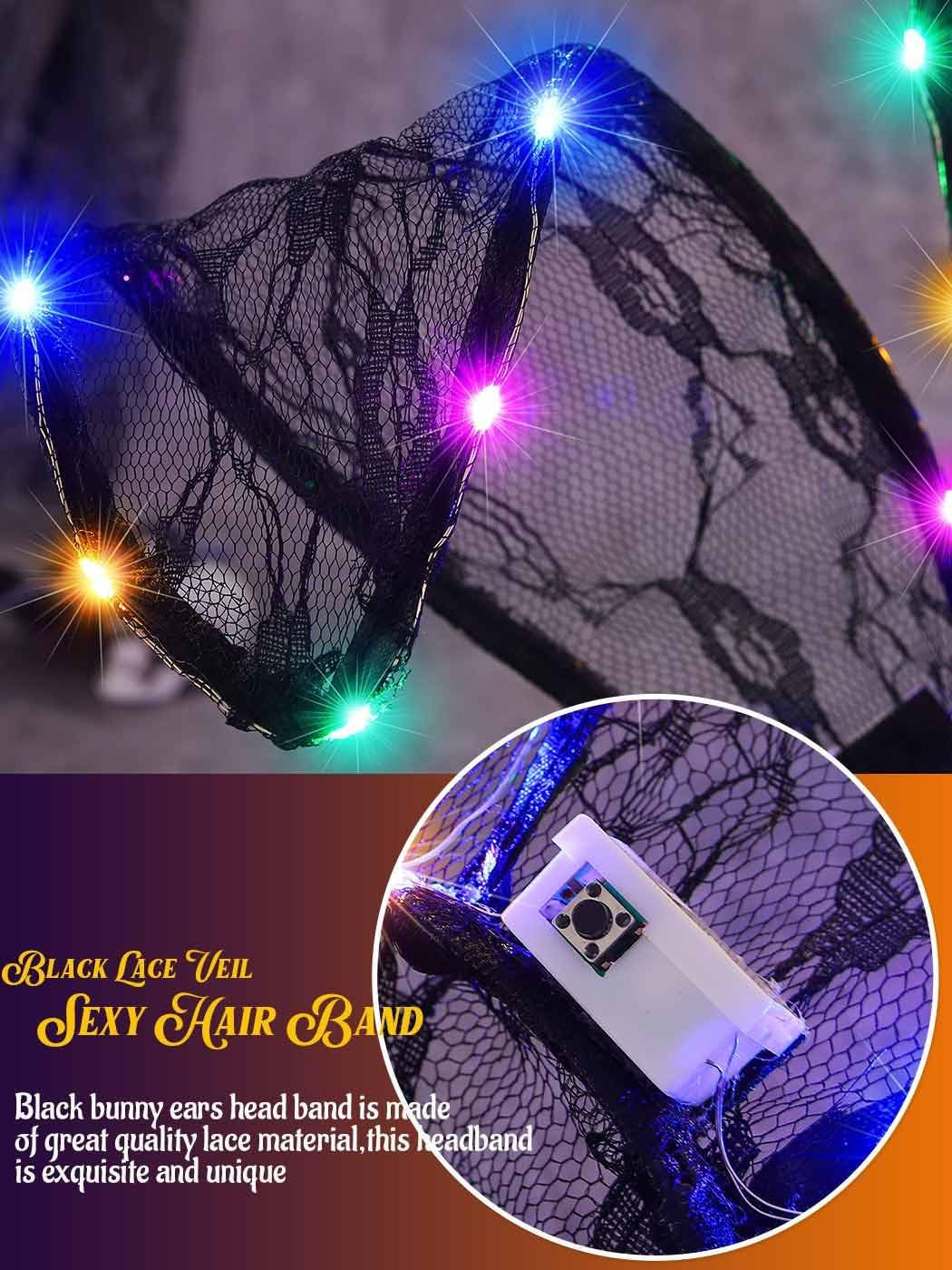 Lace Bunny Ears Light up Headband with Veil Led Black Sexy Hair Band Headpiece Halloween Masquerade Cosplay Costume Headwear Accessories for Women